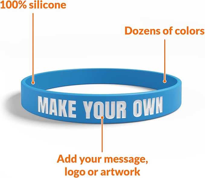 Custom Wristbands For Events, Fundraisers & Promotions | Add Text, Icons, & Logos | Bulk Rubber Bracelets | Classic 1/2” | 100% Silicone