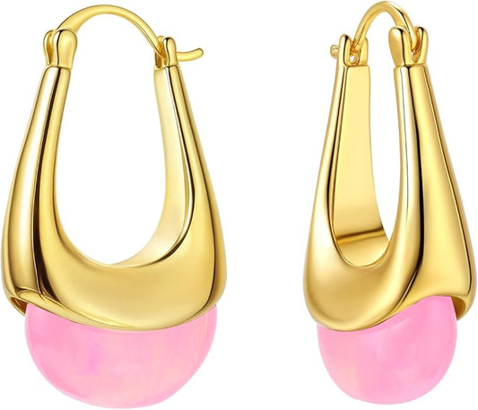 Vintage Gold Hoops Earrings for Women,Brown White Blue Pink Chunky Dangle Drop Jewelry with Resin Gemstones, Trendy Statement Earrings for Beach,Party, Vintage Gift for Travel Maximalist Jewelry