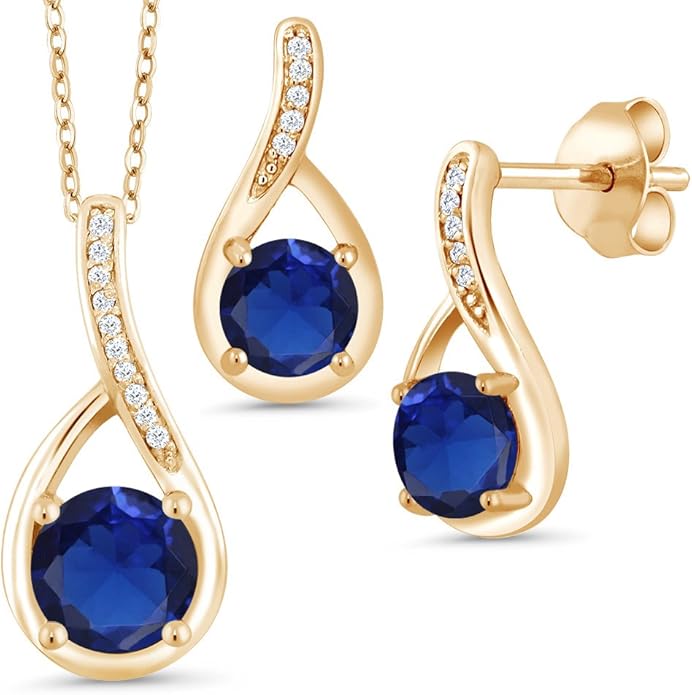 Gem Stone King 18K Yellow Gold Plated Silver Round Gemstone Birthstone and Diamond Pendant Earrings Jewelry Set For Women | Round 6MM and 5MM | With 18 Inch Chain