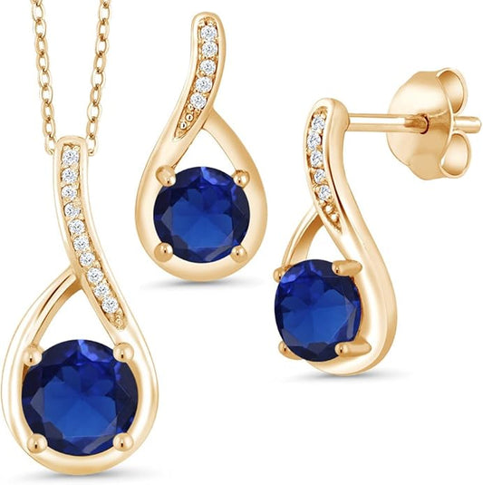 Gem Stone King 18K Yellow Gold Plated Silver Round Gemstone Birthstone and Diamond Pendant Earrings Jewelry Set For Women | Round 6MM and 5MM | With 18 Inch Chain