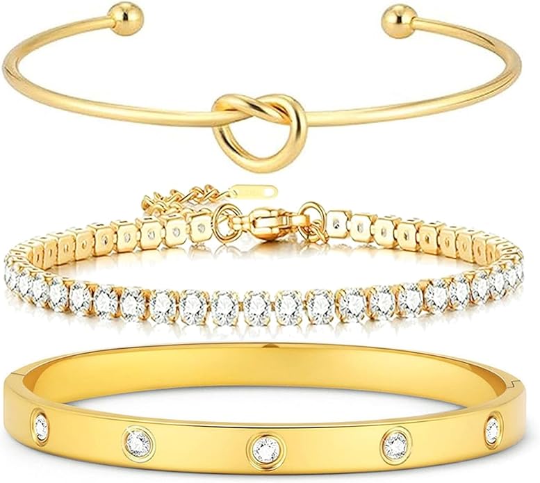 FAFUGA 18 K Gold Plated Love Bangle Bracelet Stack Cuff Jewelry for Women Jewelry Set for Women Gift with Box