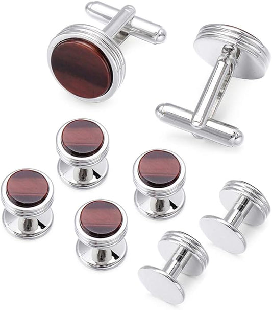 Mens Cufflinks and Studs Set for Tuxedo Shirt Mother of Pearl with a Gift Box (Tiger Eye Stone)