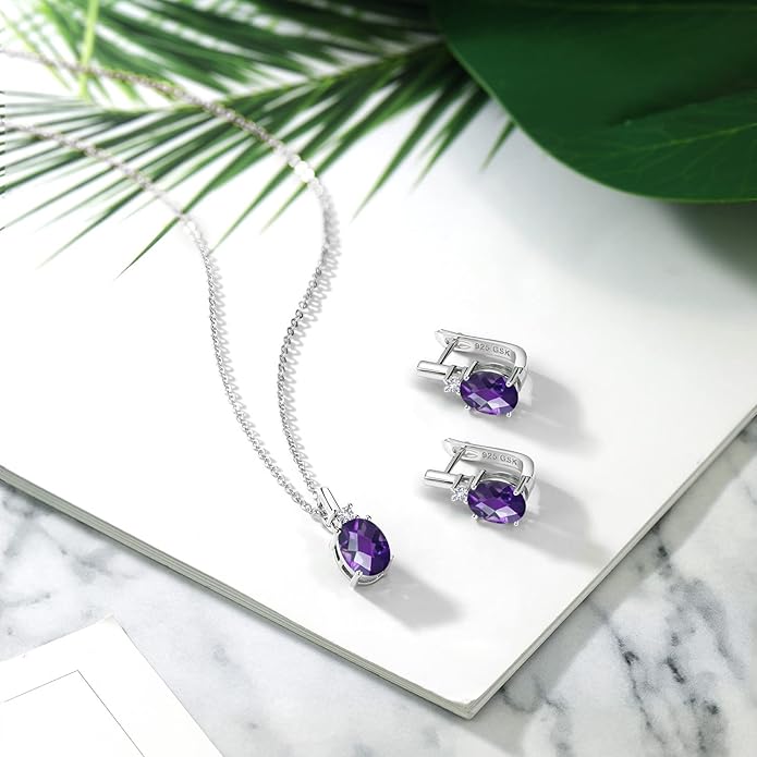Gemstone Birthstone and White Created Sapphire Pendant and Earrings Jewelry Set for Women in 925 Sterling Silver | Oval 8X6MM and Round 2.5MM | With 18 Inch Chain | Fine Jewelry for Her Mom Women Wife