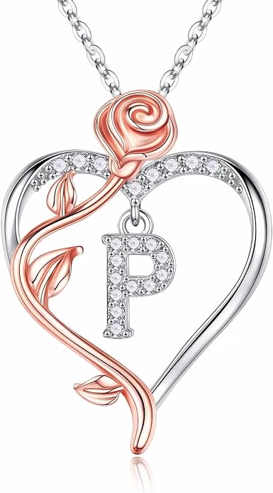 Iefil Rose Heart Necklaces Gifts for Women - 925 Sterling Silver Rose Heart Initial Necklace, Anniversary Birthday Gifts for Women, Jewelry Gift for Her Wife Girlfriend Mom Daughter