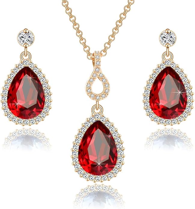 Austrian Crystals Teardrop Pendant Necklace Earrings for Women 14K Gold Plated Hypoallergenic Jewelry Set