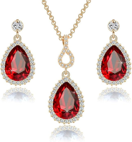 Austrian Crystals Teardrop Pendant Necklace Earrings for Women 14K Gold Plated Hypoallergenic Jewelry Set