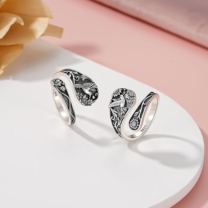 Spoon Ring Sterling Silver Hummingbird Ring Vintage Antique Spoon Rings Adjustable Thumb Rings for Women
