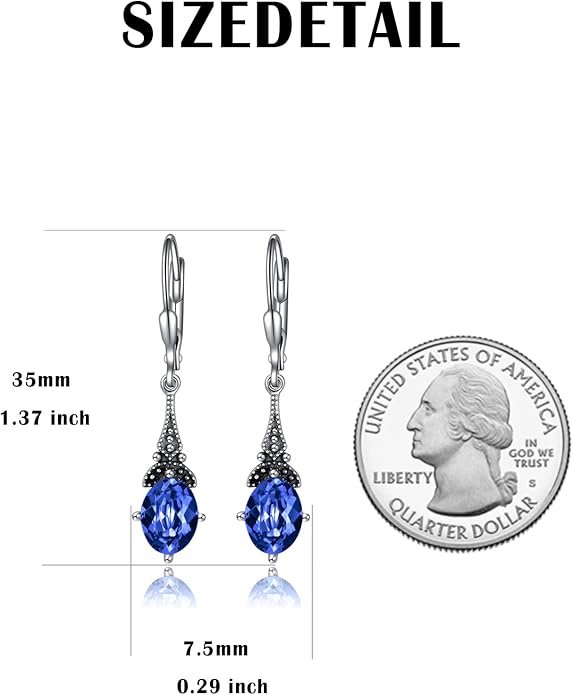AOBOCO Vintage Earrings for Women Sterling Silver Retro Drop Dangle Leverback Earrings with 8x6mm Oval Genuine or Simulated Birthstone Crystal from Austria, Anniversary Jewelry Gifts for Her Women