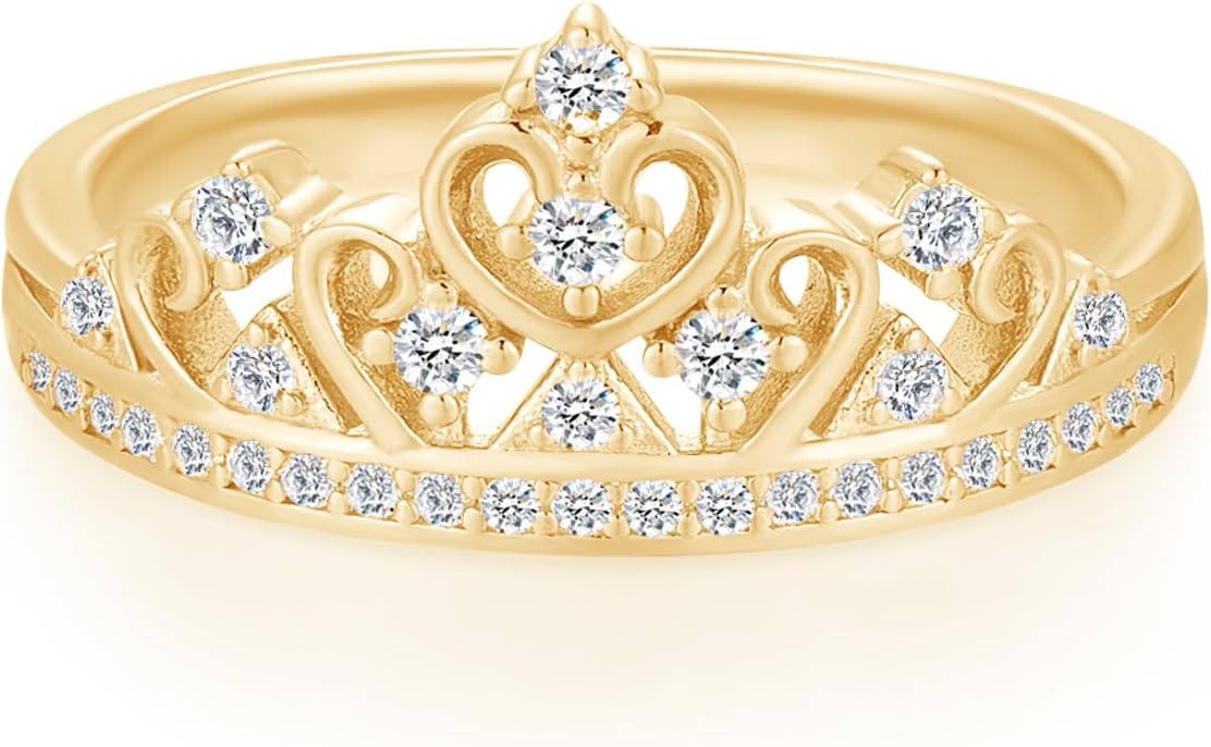 Princess Crown Ring, Round Cut Moissanite, Cubic Zirconia, Lab Grown or Natural Diamond Promise Ring for Women in 14K Gold Plated 925 Sterling Silver Jewelry Gift for Her