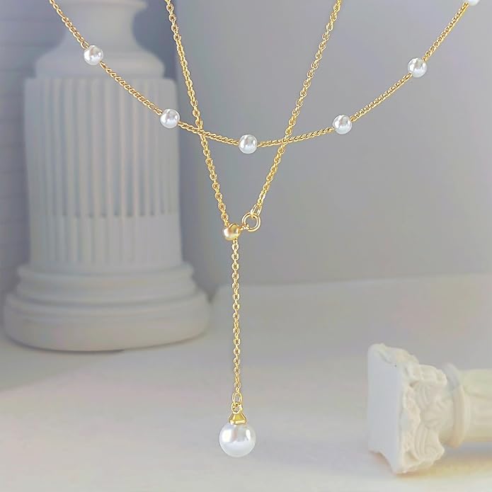 OGD Gold Pearl Necklaces Set for Women 14K Gold Plated Dainty Layered Pearl Cute Daisy Pearl Choker Gold Necklace Gifts for Women Gold Trendy Jewelry Gifts