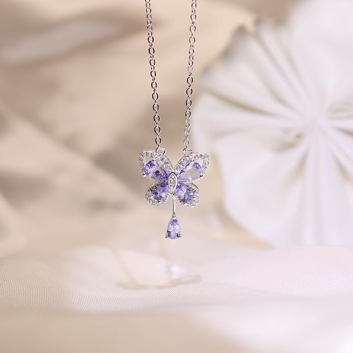 Pendant Necklaces for Women 925 Sterling Silver with Moissanite & Genuine Jewelry, Lucky Clover, Butterfly, Pink Crystal Heart Design, 14K White Gold Plated Nacklace, Mom Wife Women's Birthday Gifts