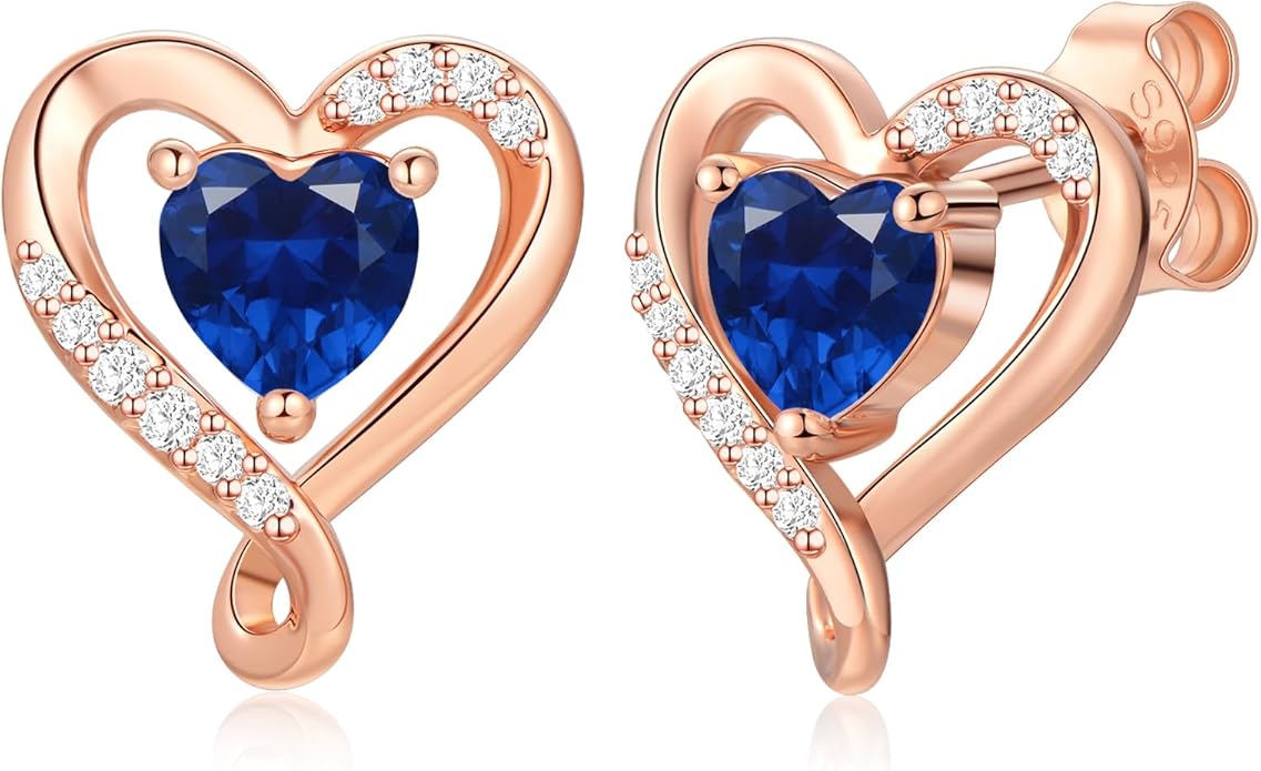 Earrings for Women, S925 Sterling Silver Rose Gold Birthstone Heart Studs Earring for Girlfriend Wife, Anniversary Birthday Christmas Valentines Mothers Day Gifts Jewelry for Women Wife Her Mom