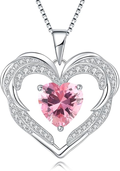 Heart Necklaces Valentine's Gift for Women, Birthstone 925 Sterling Silver Angel Wings Love Pendant Necklaces for Women, Jewelry Gifts for Wife, Anniversary, Mother's day