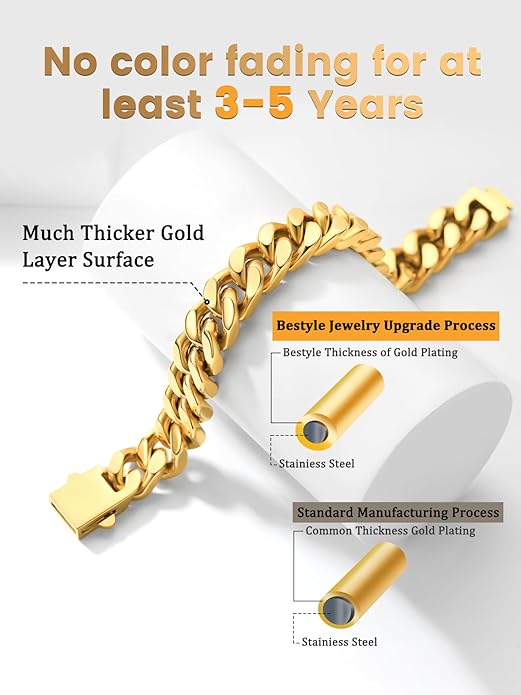 Bestyle Thick Stainless Steel Mens Cuban Link Chain, Black/Gold Chain for Men, No Tarnish & Durable Men Chain Necklace, 5/7/9/12mm Wide, 18"-30" Long, Gift Package
