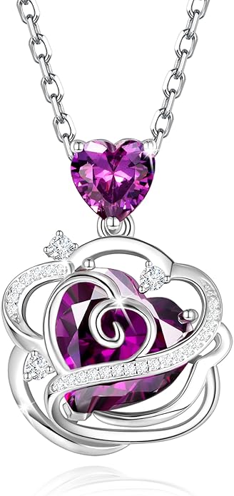FANCIME Thornless Pulse Birthstone Necklace for Women Sterling Silver Rose Pendant Fine Jewelry Gemstone Birthday Valentines Day Gifts for Wife Her