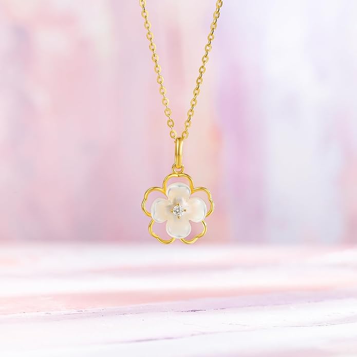 ZHOU LIU FU 18K Gold Hollow Floral Pendant with Mother of Pearl and Diamond Accents Delicate Jewelry Wedding for Bridge (Not Include Necklace) J0411914