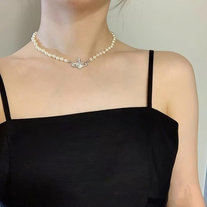 FENLDY Rhinestone Faux Planet Saturn Pearl Necklace for Women Jewelry, Fake Pearl Collar Pendant a Necklace Men with Charm for Girls Y2k Jewelry Ladies' Wedding Pearl Bead Chain Crystal Choker