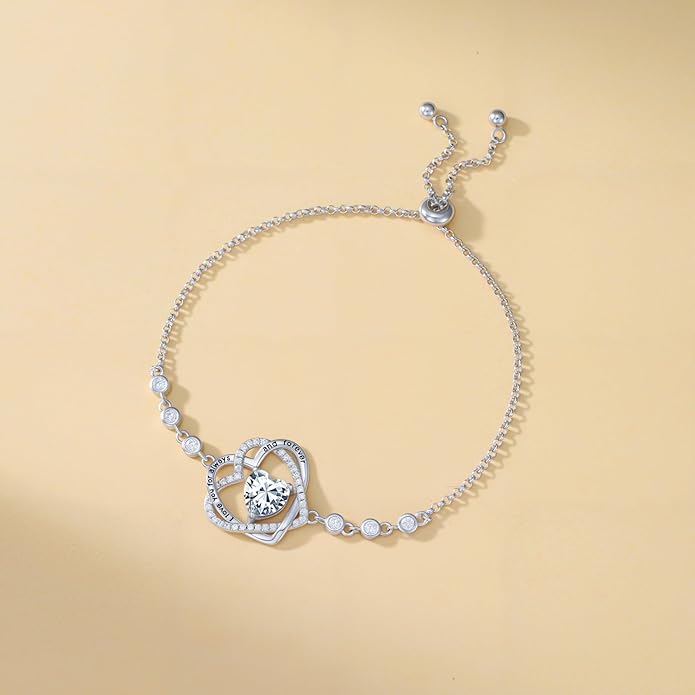 TOUPOP Heart Birthstone Bracelet 925 Sterling Silver Double Heart Bracelet Love You for Always and Forever Jewelry Anniversary Birthday Christmas Gifts for Women Wife Her