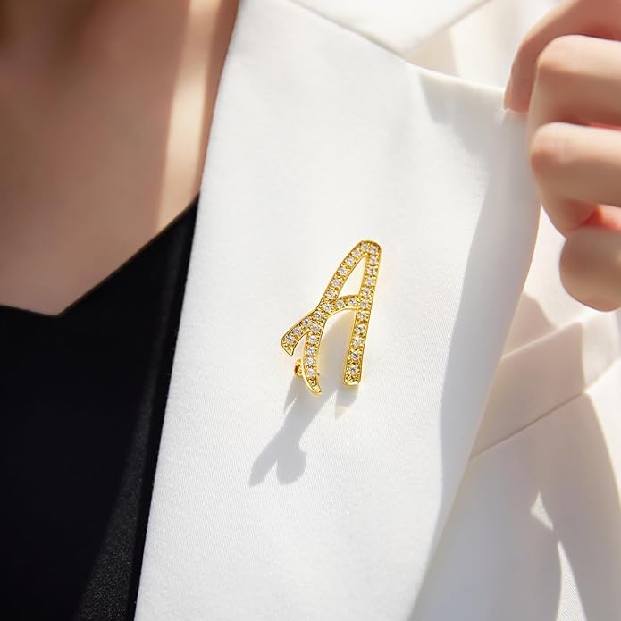 Cicy Bell A-Z Initial 26 Letter Brooch Pins 18k Gold Plated Cubic Zirconia Breastpin Name Personalized Gifts for Women Men