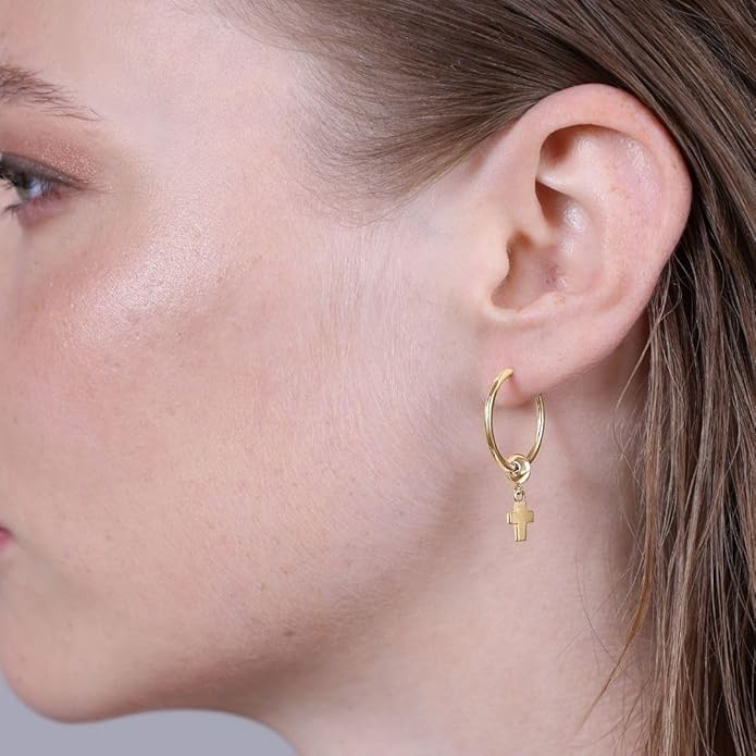 MILOR 9K Gold Cross Charm Hoop Earrings for Women – Hypoallergenic Italian Gold Jewelry – Made in Italy – Elegant Small Hoops – Gift for Birth, Baptism, Communion or Confirmation