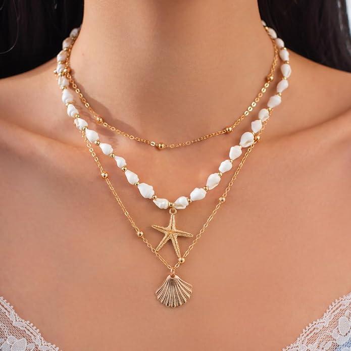 Seashell Necklace for Women Gold Layered Sea Shell Necklace Boho Summer Beach Necklaces for Women Adjustable Pearl Conch Starfish Necklaces Vacation Coastal Beachy Jewelry Outfits Accessories