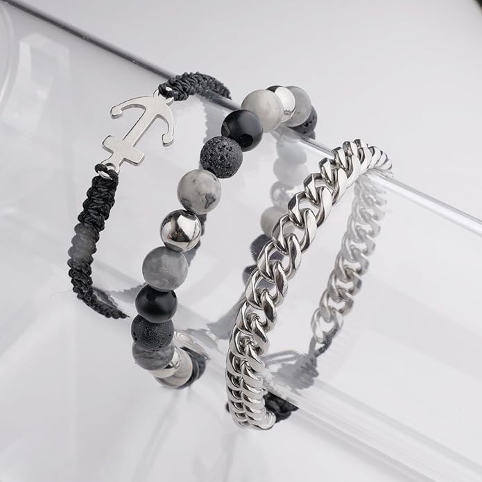 3pc Mens Beaded Bracelets Silver Stainless Steel Chain Bracelet for Men Handmade Braided Bracelet Sets Jewelry Gifts for Men