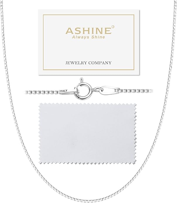 ASHINE 925 Sterling Silver Box Chain Necklace for Women, 1mm 0.8mm Italian Chains, Dainty & Sturdy Necklace with Silver Polishing Cloth Available in 16-36 Inch