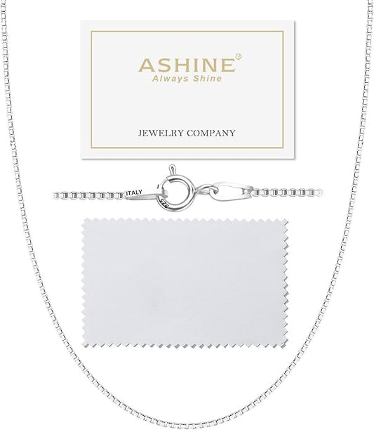 ASHINE 925 Sterling Silver Box Chain Necklace for Women, 1mm 0.8mm Italian Chains, Dainty & Sturdy Necklace with Silver Polishing Cloth Available in 16-36 Inch