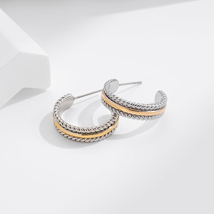 Twisted Cable Hoop Earrings Two Toned Earrings for Women Open C Hoops Chic Mixed Metal Jewelry