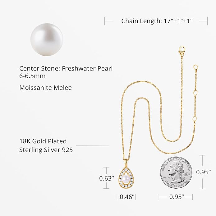 StiloVero Pearl Pendant Necklace for Women, Freshwater Cultured Single Pearl Necklace with Moissanite Accents, Dainty Gold Necklace for Women, 18K Gold Plated Sterling Silver, Pearl Jewelry Gift for Her Anniversary Birthday