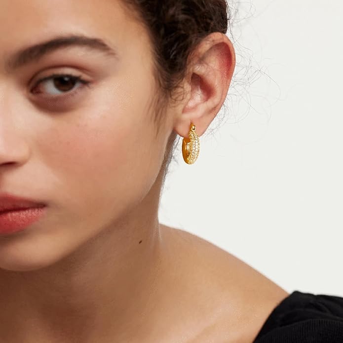 Gold Huggie Hoop Earrings 14K Gold Plated Dainty Chunky Thick Hoop Diamond Cubic Zriconia Inlay Sleeper Tiny Delicate Boho Beach Simple Hypoallergenic Jewelry Gift for Her