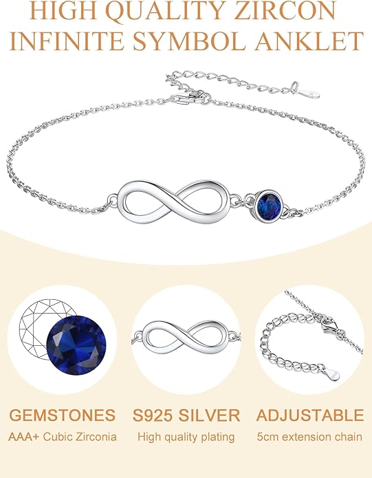 Custom4U Personalized Infinity Ankle Bracelets for Women 925 Sterling Silver Anklet Bracelet Endless Love Symbol Birthstone Charm Adjustable Foot Chain Jewelry Mothers Day Gifts for Mom Wife Women Her