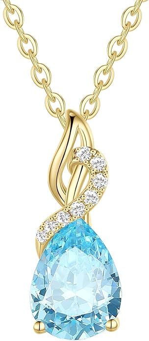 FANCIME 14K Solid Yellow Gold Teardrop Pendant with Diamond Birthstone Necklace Birthday Gifts for Mom Women, Sterling Silver Chain 16" + 2" Extender