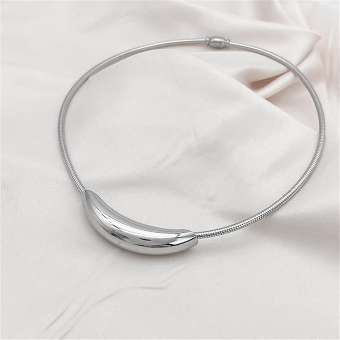 Stailess Steel Metal Curved Bar Tube Choker Necklace For Women,Statement Chunky Snake Chain Horizontal Round Tube Jewelry Necklace