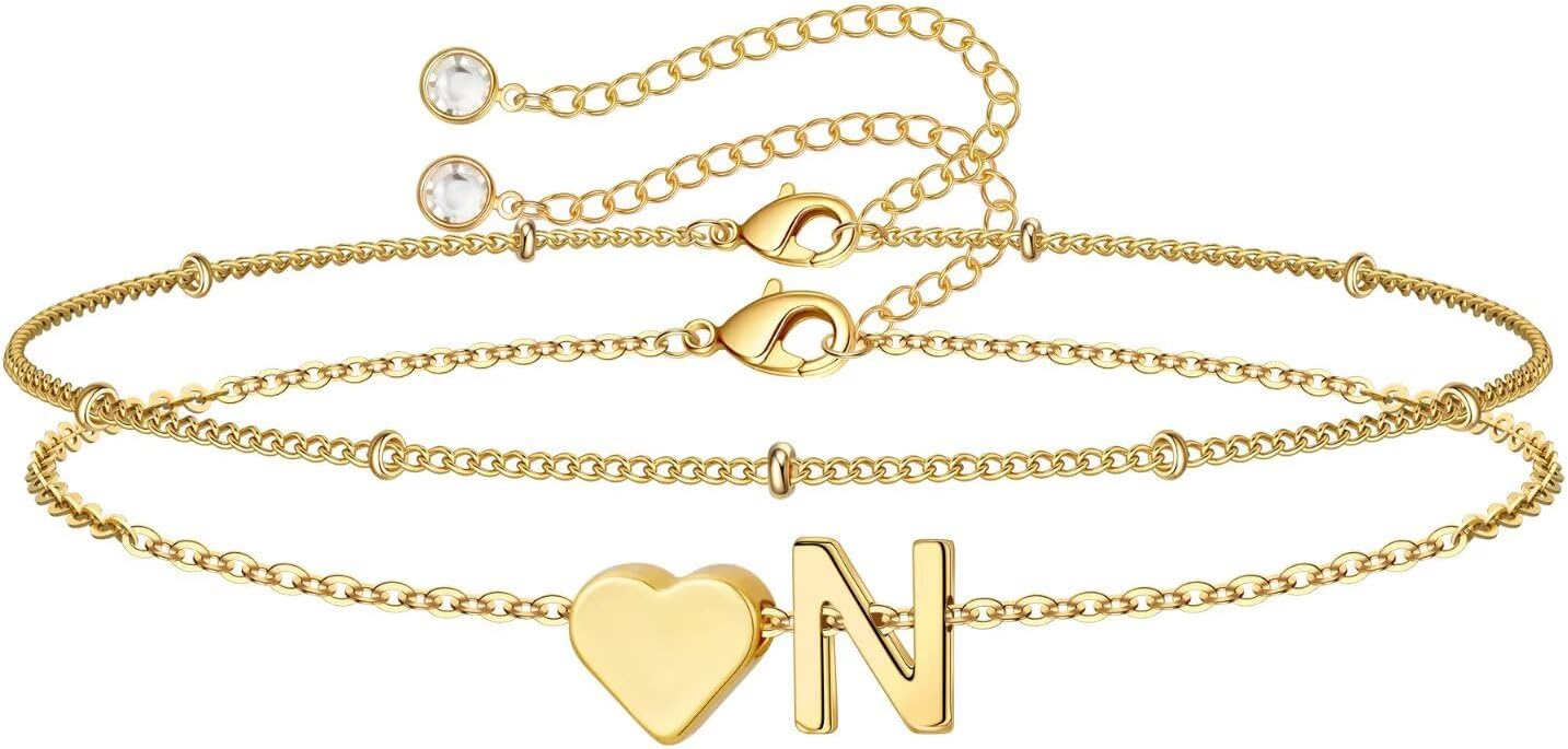 M MOOHAM Christmas Gifts for Grandkids Teens Girls -14K-Gold-Plated Heart Initial Bracelets for Women Girl Dainty Gold Bracelets Birthday Gift Stocking Stuffers for Women Teenage Girls Kids Gifts