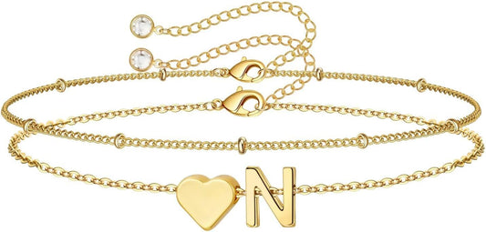 M MOOHAM Christmas Gifts for Grandkids Teens Girls -14K-Gold-Plated Heart Initial Bracelets for Women Girl Dainty Gold Bracelets Birthday Gift Stocking Stuffers for Women Teenage Girls Kids Gifts