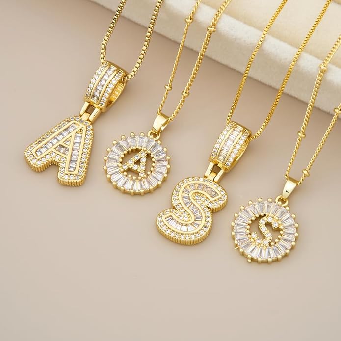 14K Gold Plated Initial Letter Pendant Necklace, Cubic Zirconia Crystal, Copper Chain