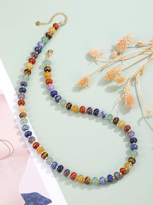 CrystalTears Beaded Gemstone Necklace for Women, Womens Colorful Boho Stone Bead Choker Necklace, Handmade Natural Crystal Stone Summer Beach Jewellery Gifts for Women Mom Christmas