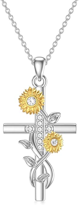 Sunflower Necklace for Women, 18K Gold Plated Silver Moissanite Sunflower Heart/Cross Pendant Necklace You are My Sunshine Gifts Sunflower Jewelry Birthday Christmas Mothers Day Gifts for Her Girlfriend Wife