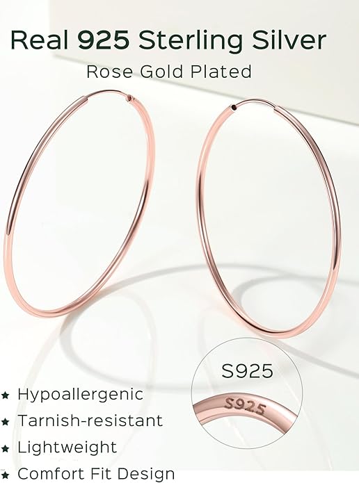 ChicSilver Hypoallergenic 925 Sterling Silver Hoop Earrings for Women, Lightweight Large Gold Plated Hoop Earrings, Endless Hoops Earring 20/30/40/50/60/70MM
