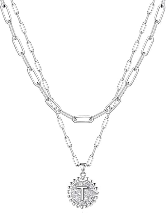 Yoosteel Gold Initial Necklaces for Women, 14K Gold Plated Dainty Layering Paperclip Link Chain Necklace Coin Initial Layered Necklaces for Women Personalized Birthday Gifts