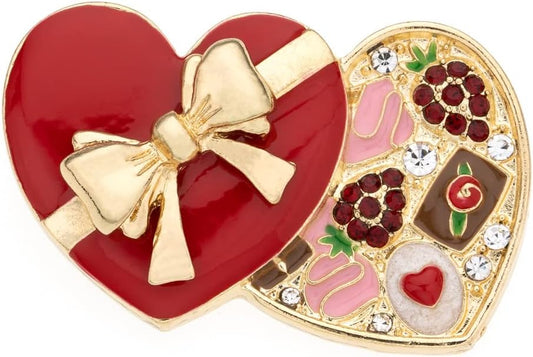 MADISON TYLER Valentines Day Heart Gift Box Brooch | Chocolate Gift Box Pave Rhinestone Heart | Gold Bow Brooch Jewelry for Her | Couples Gifts for Backpacks Valentine's Day