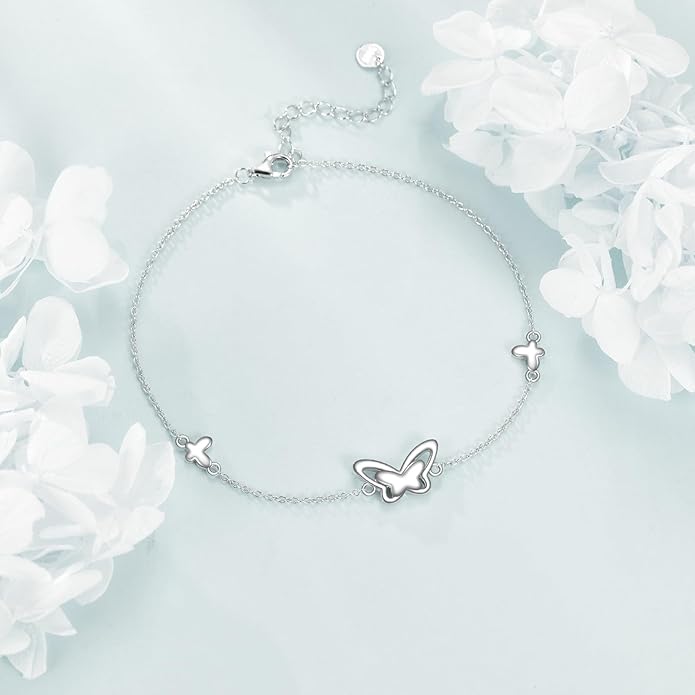 AOBOCO Sterling Silver Anklet for Women Crystal Butterfly Dragonfly Evil Eye Ankle Bracelet