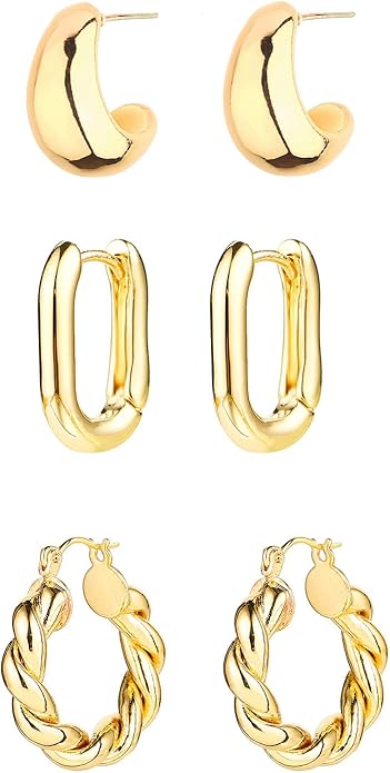 14K Gold Plated Hoop Earrings for Women, Hypoallergenic Chunky Gold Plating Hoop Earrings Multipack, Lightweight Twisted Huggie Hoops Earring Set Jewelry for Gifts