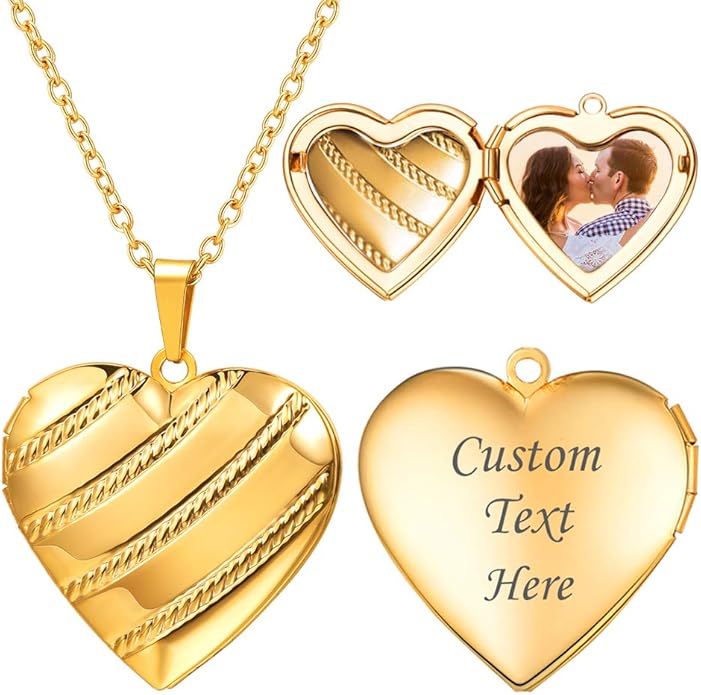 U7 Women Locket Necklace Platinum 14K Gold Photo Lockets that Hold Picture,Chain 20 Inch Personalized Gift Custom Love Heart Image Necklaces