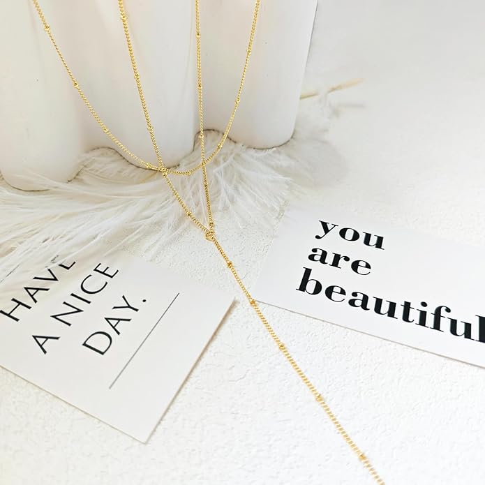 Lariat Gold Necklace for Women, Dainty Long Necklace 14k Gold Plated/Silver Y-Shaped Layered Beaded Chain Drop Necklaces for Women Trendy Simple Gold Jewelry for Women Gifts