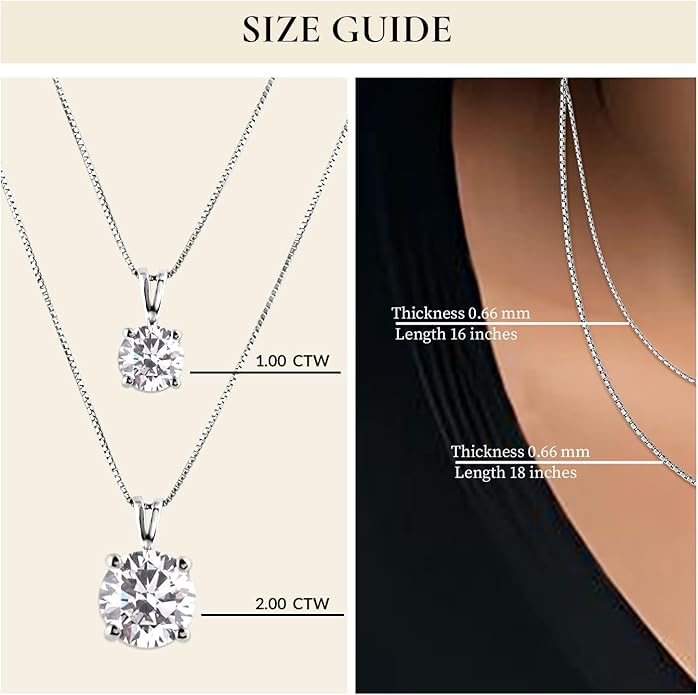 Everyday Elegance Solid 14K Gold Cubic Zirconia Solitaire Pendant Necklace for Women Heart, Princess, Round, Oval, Emerald, Pear & Cushion Cut 1 or 2 CTW | .60mm Thick 16" 18" Length Box Link Chain