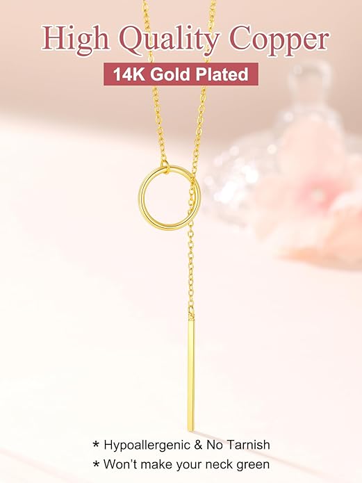 FOCALOOK Long Necklaces for Women 14K Gold Plated Dainty Drop Bar Pendant Lariat Y-Shaped Necklace Earring Set 28inch/73cm