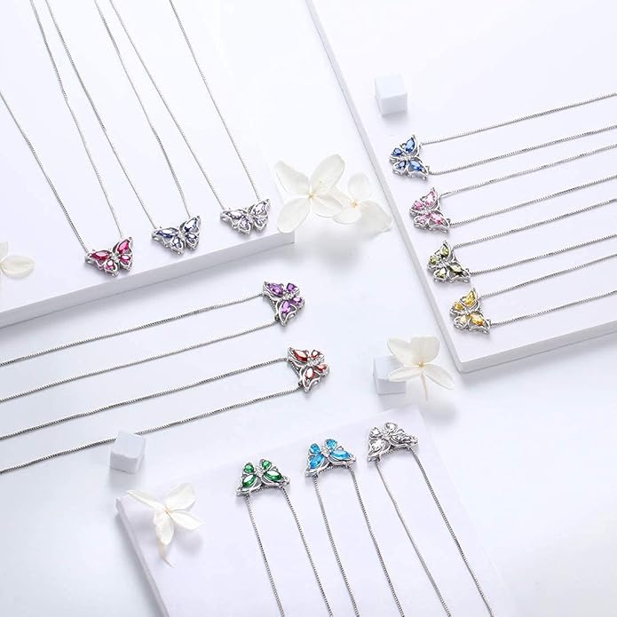 Aurora Tears Butterfly Birthstone Pendant Necklace - Women 925 Sterling Silver Butterflies Birthstone Pendant Necklace Jewelry Birthday Gift for Women