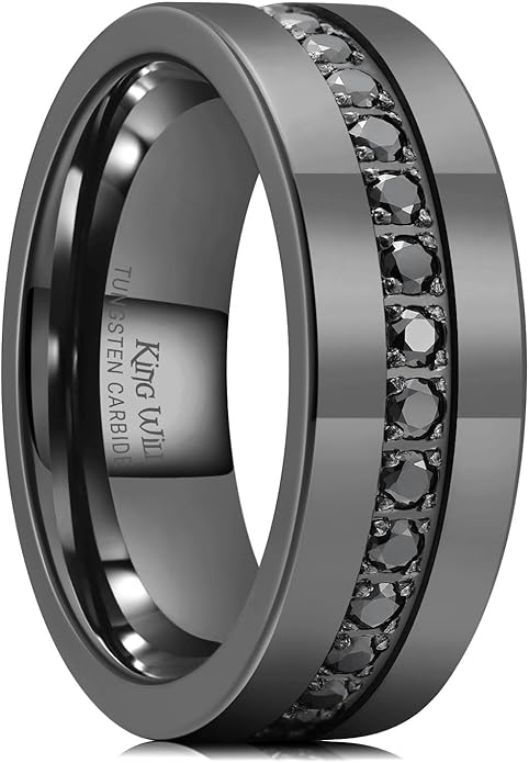 King Will Mens Tungsten Wedding Band with Cubic Zircon Inlay 7mm/8mm Flat Cut Comfort Fit Engagement Rings